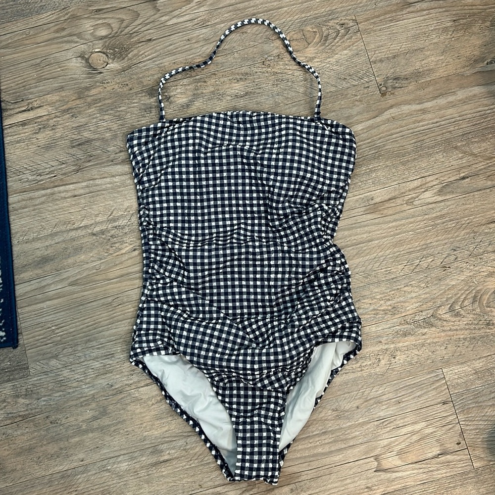 J Crew Gingham Ruched Bandeau One Piece Swim Suit Navy White Halter